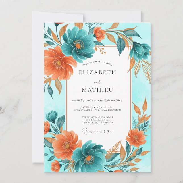 Invitación Boda Otoñal Artística de Terracota Verde Teal (Anverso)