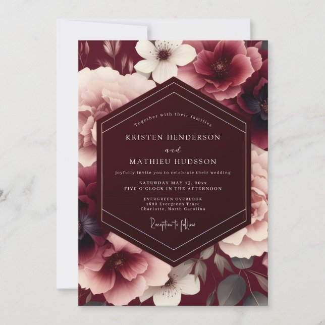 Invitación Boda Otoñal aterciopelada de Borgoña (Anverso)