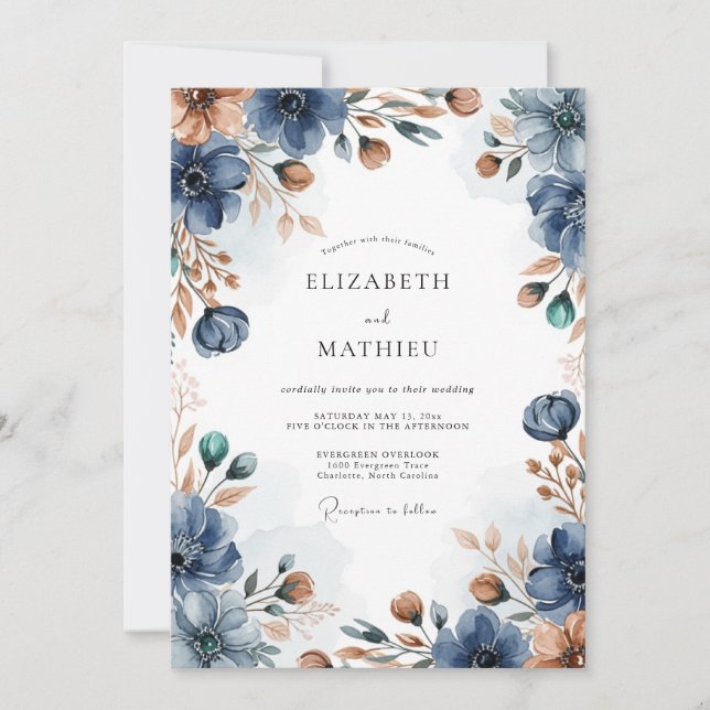 Invitación Boda Otoñal Atmosférica de Azul Marino (Anverso)