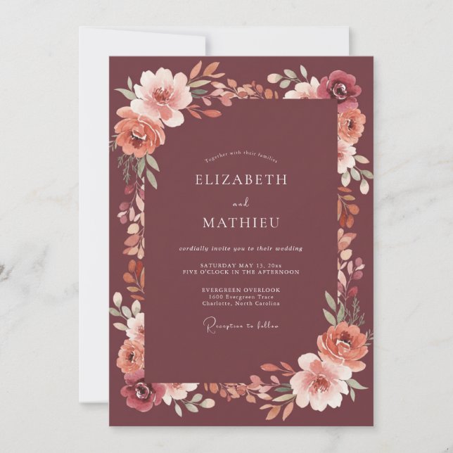Invitación Boda Otoñal Atmosférica Granate (Anverso)