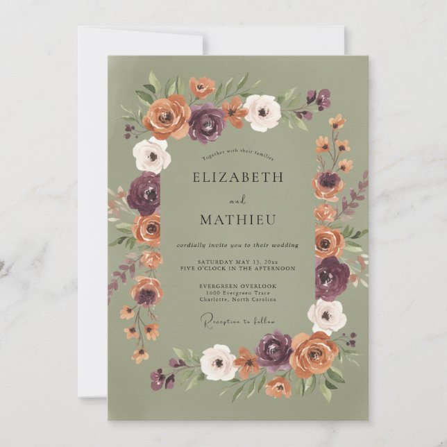 Invitación Boda Otoñal Atmosférica Verde Salvia (Anverso)