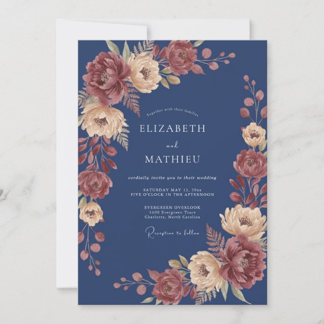 Invitación Boda Otoñal Azul Marino Intensa (Anverso)