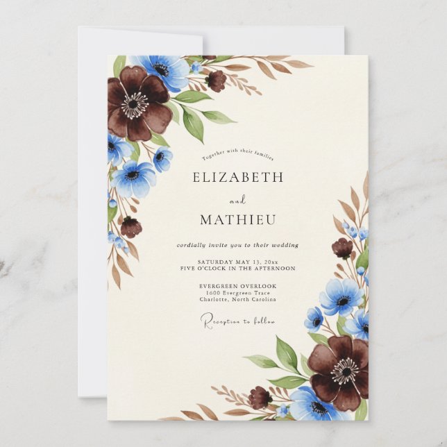 Invitación Boda Otoñal Boscosa Azul Chocolate (Anverso)