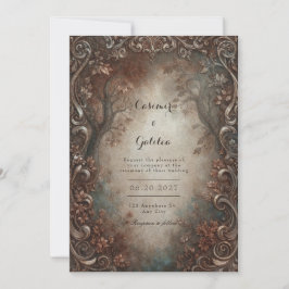 Invitación Boda Otoñal Bosque Rústico con Filigrana de Bronce