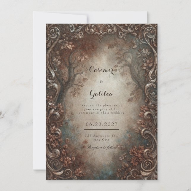Invitación Boda Otoñal Bosque Rústico con Filigrana de Bronce (Anverso)