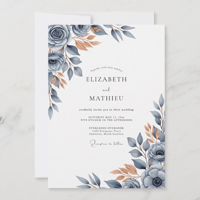 Invitación Boda Otoñal Bruñida Azul Pizarra (Anverso)