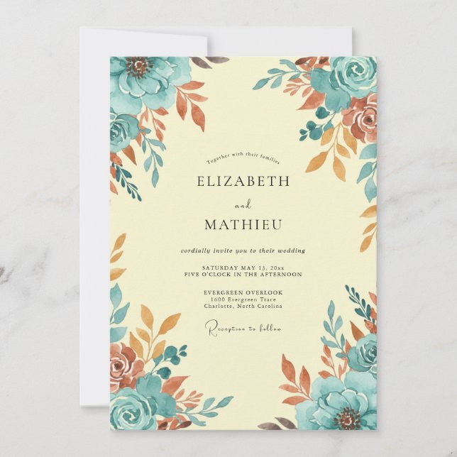 Invitación Boda Otoñal Cálida Turquesa (Anverso)