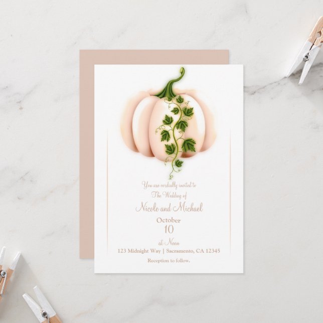 Invitación Boda Otoñal Chic de Cuento de Calabaza Rosa Pálido (Anverso/Reverso In Situ)