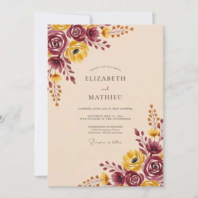 Invitación Boda Otoñal con Acuarela de Borgoña (Anverso)