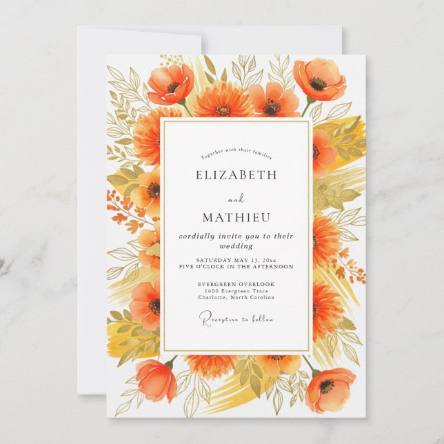 Invitación Boda Otoñal con Brillo Naranja (Anverso)