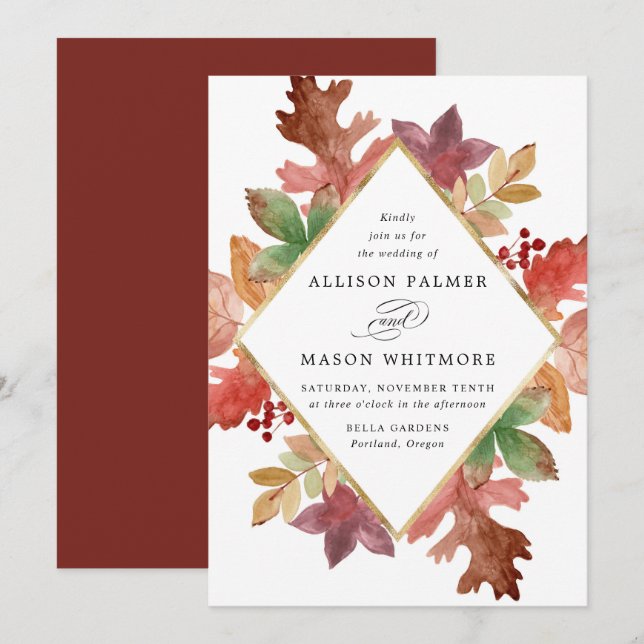 Invitación Boda Otoñal con Hojas Caídas Rústicas (Anverso / Reverso)
