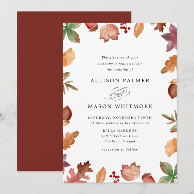 Invitación Boda Otoñal con Hojas de Otoño Rústicas (Anverso / Reverso)