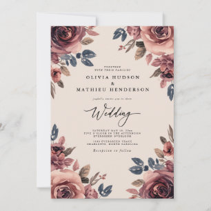 Invitación Boda Otoñal con Rubor de Rosa Pintado a Mano
