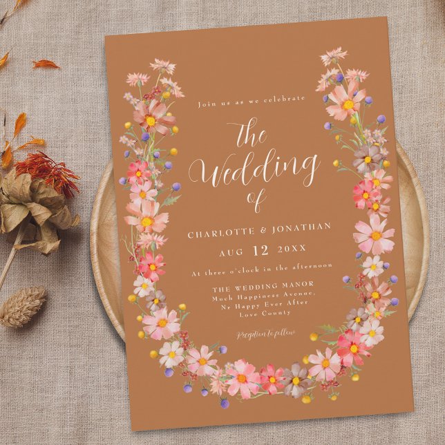 Invitación Boda Otoñal de Campo Bohemio con Flores Silvestres (Boho rustic floral wreath fall terracotta wedding invitation Watercolor wildflowers elegant script)
