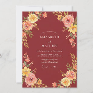 Invitación Boda Otoñal de Color Burdeos Vintage