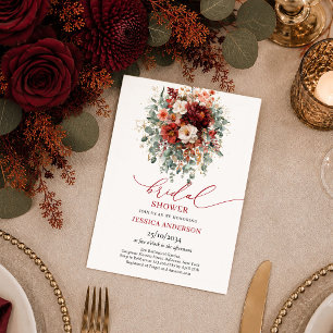 Invitación Boda otoñal de flores profundas rojas doradas de B