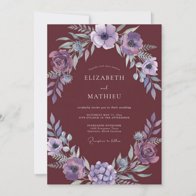 Invitación Boda Otoñal de Lavanda Melancólica de Borgoña (Anverso)