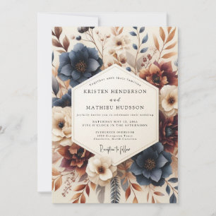 Invitación Boda Otoñal de Naranja Quemada y Azul Marino