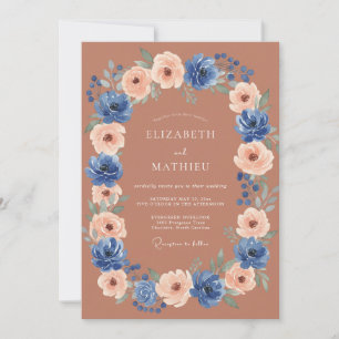 Invitación Boda Otoñal de Terracota Azul Intenso