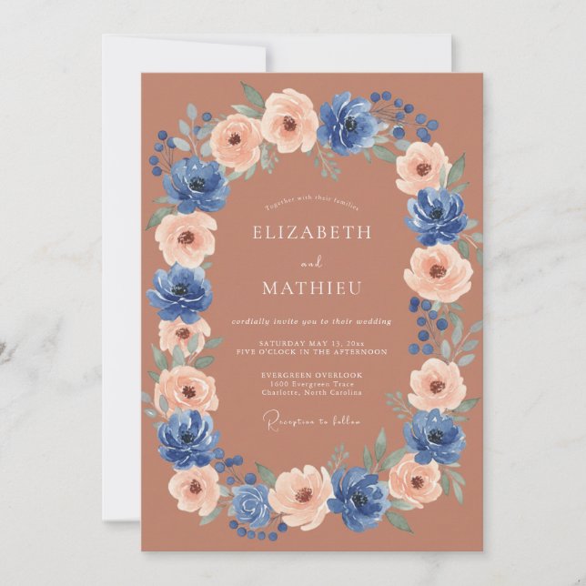 Invitación Boda Otoñal de Terracota Azul Intenso (Anverso)