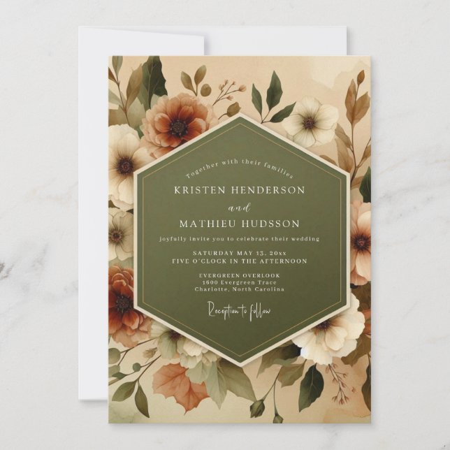 Invitación Boda Otoñal de Terracota Oliva (Anverso)