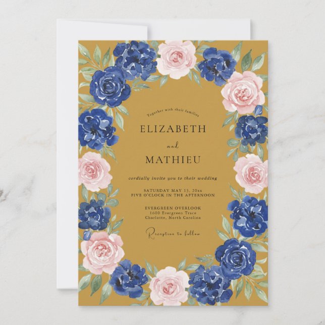 Invitación Boda Otoñal Distinguida de Azul Marino (Anverso)