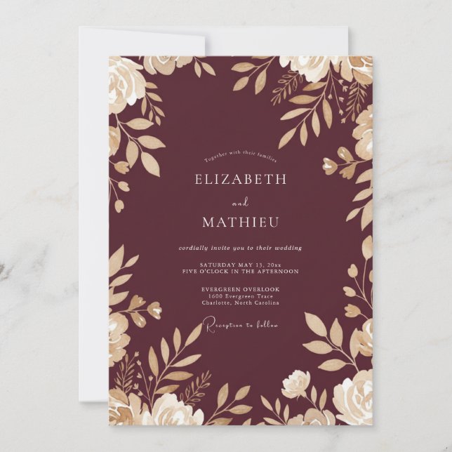 Invitación Boda Otoñal Distinguida de Color Granate (Anverso)