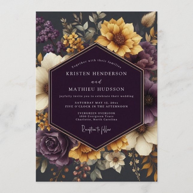 Invitación Boda Otoñal Dorada Amatista (Anverso)