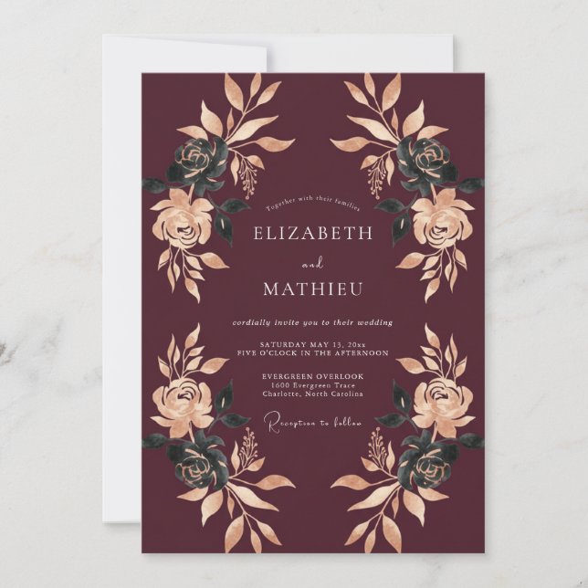 Invitación Boda Otoñal Dorada Borgoña (Anverso)