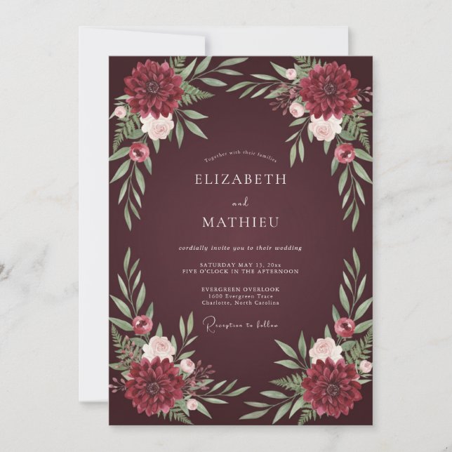 Invitación Boda Otoñal Dramática de Burdeos (Anverso)