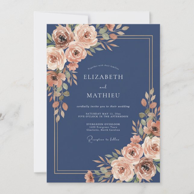 Invitación Boda Otoñal Elaborada de Azul Marino (Anverso)