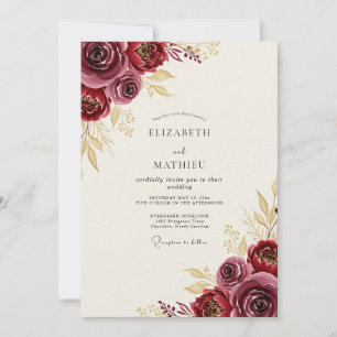 Invitación Boda Otoñal Elegante de Borgoña Dorado