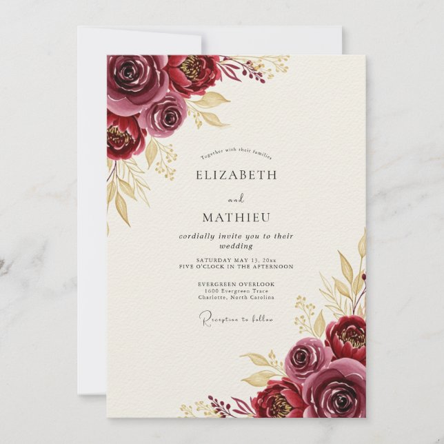 Invitación Boda Otoñal Elegante de Borgoña Dorado (Anverso)