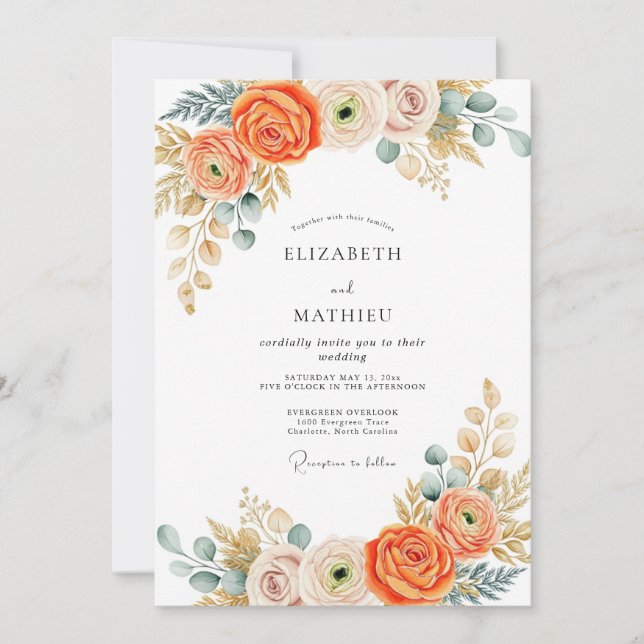 Invitación Boda Otoñal Elegante de Naranja Quemada (Anverso)