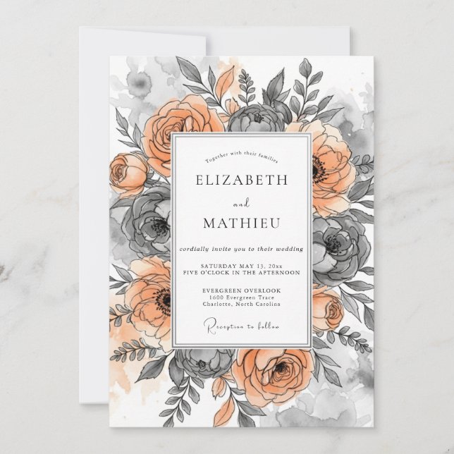 Invitación Boda Otoñal en Escala de Grises de Melocotón (Anverso)