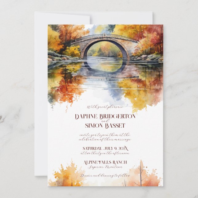 Invitación Boda otoñal en puente de bosque (Anverso)
