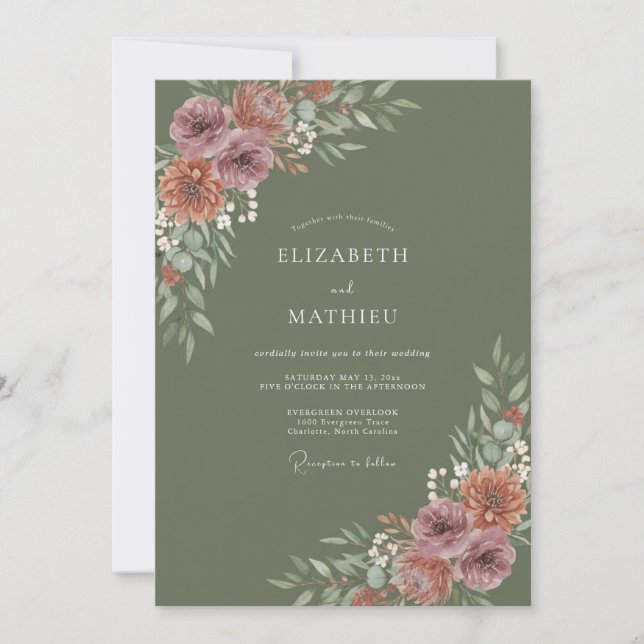 Invitación Boda Otoñal en Verde Oliva Silenciado (Anverso)