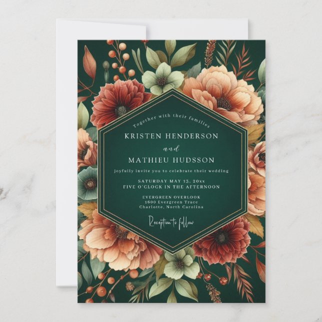 Invitación Boda Otoñal Esmeralda y Óxido (Anverso)