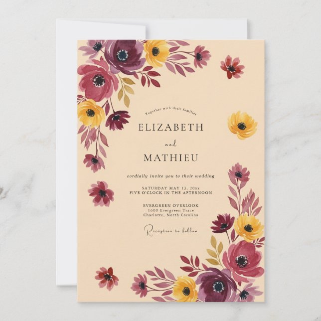 Invitación Boda Otoñal Espléndida Amarilla Ciruela (Anverso)