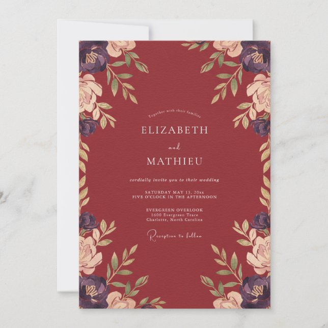 Invitación Boda Otoñal Espléndida de Color Granate (Anverso)