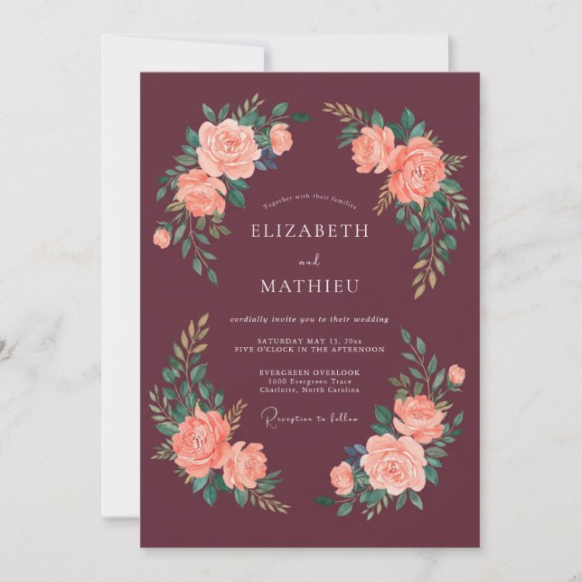 Invitación Boda Otoñal Exquisita Granate (Anverso)