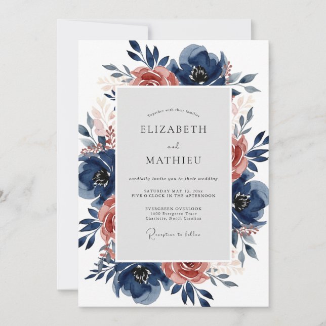 Invitación Boda Otoñal Exuberante de Azul Marino (Anverso)