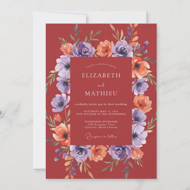 Invitación Boda Otoñal Exuberante de Rojo Ladrillo (Anverso)