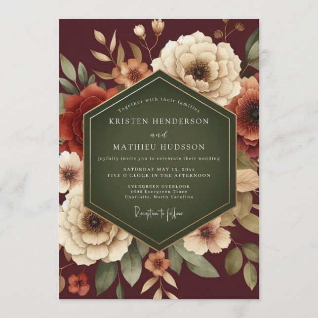 Invitación Boda Otoñal Exuberante en Color Burdeos (Anverso)