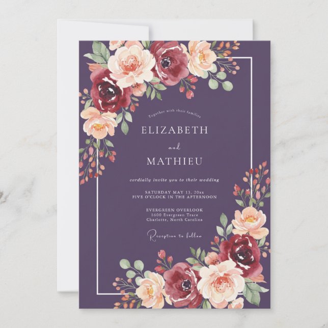Invitación Boda Otoñal Fastuosa de Ciruela (Anverso)