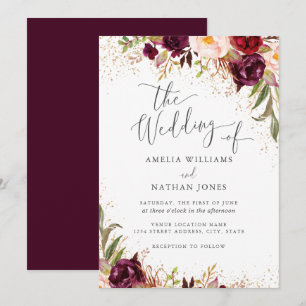 Invitación Boda Otoñal Floral Burgundy Polvo de Oro