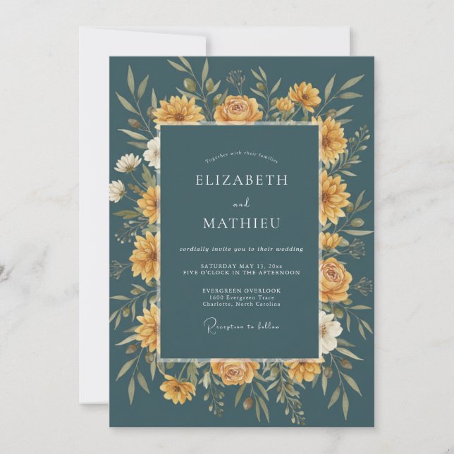 Invitación Boda Otoñal Floral Dorada Verde Azulada (Anverso)