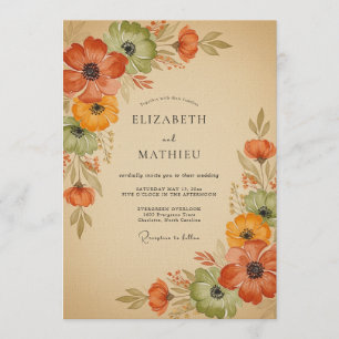 Invitación Boda Otoñal Floral Naranja Quemada