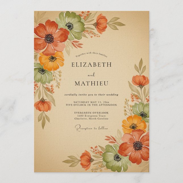 Invitación Boda Otoñal Floral Naranja Quemada (Anverso)