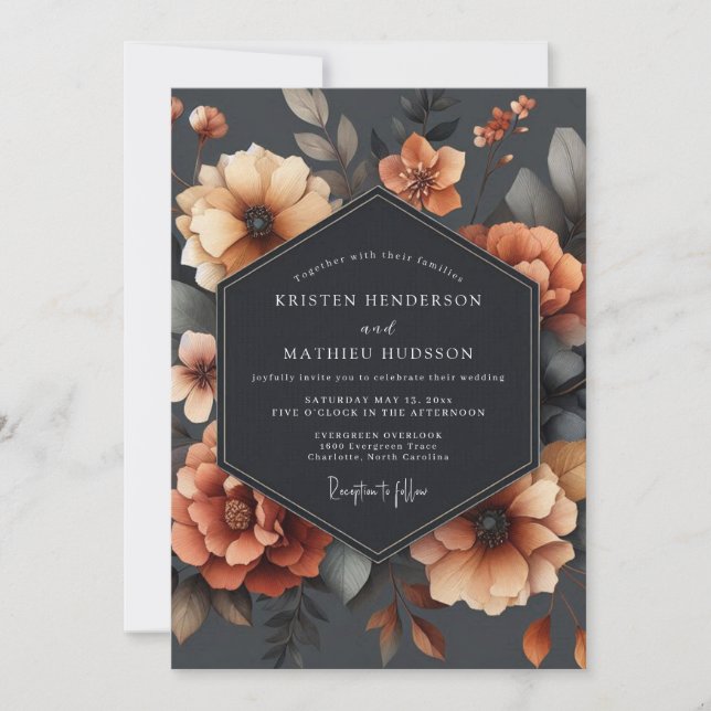 Invitación Boda Otoñal Floral Naranja Quemada (Anverso)